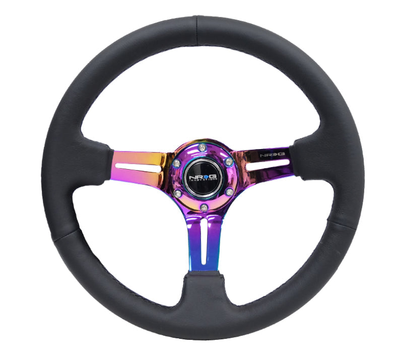 NRG Reinforced Steering Wheel (350mm / 3in. Deep) Blk Leather/Blk Stitch w/Neochrome Slits - My Store