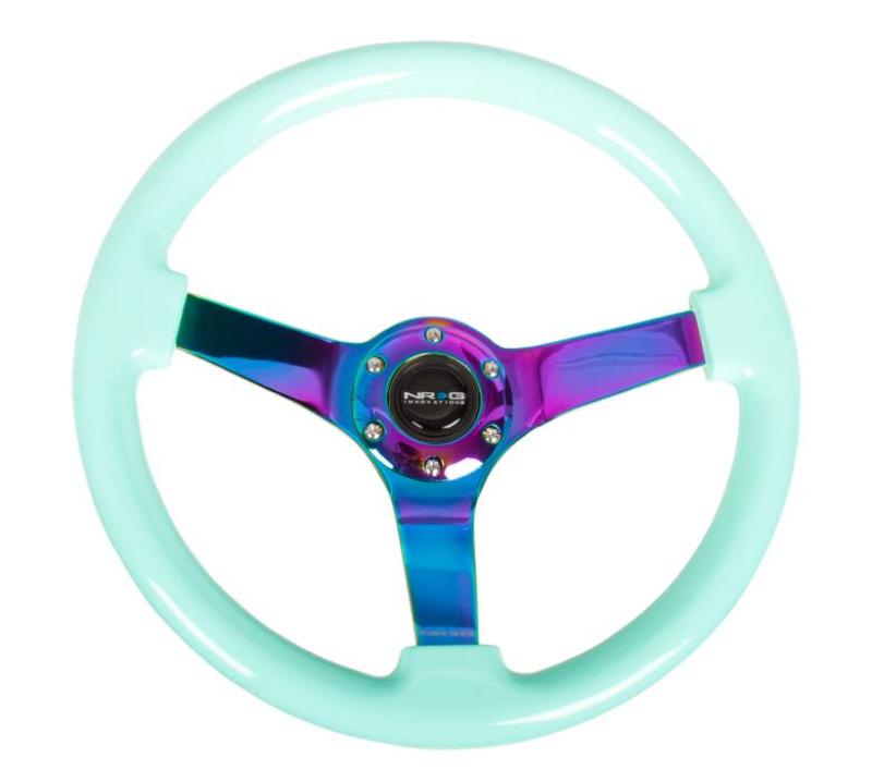 NRG Reinforc Steering Wheel (350mm / 3in. Deep) Minty Fresh Wood Grain w/Neochrome 3-Spoke Center - My Store