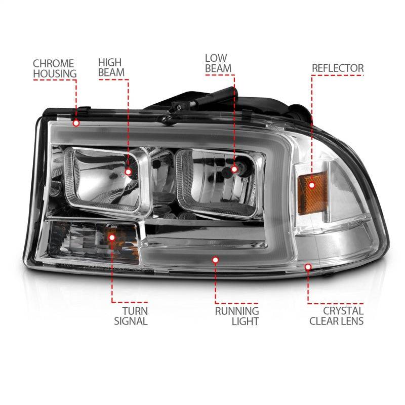 ANZO 97-04 Dodge Dakota/Durango Crystal headlight Set w/ Light Bar Chrome Housing - Mammoth Racing -