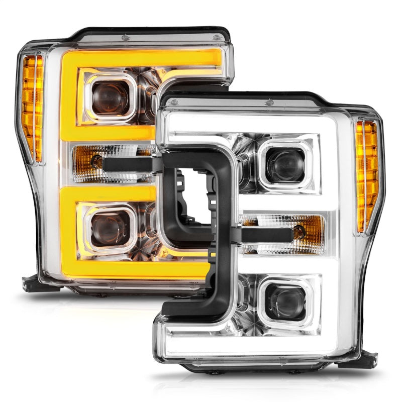 ANZO 17-19 Ford F-250/350/450 SD (w/o Factory LED HL) LED Proj Headlights w/Light Bar Switchback Chr - Mammoth Racing -