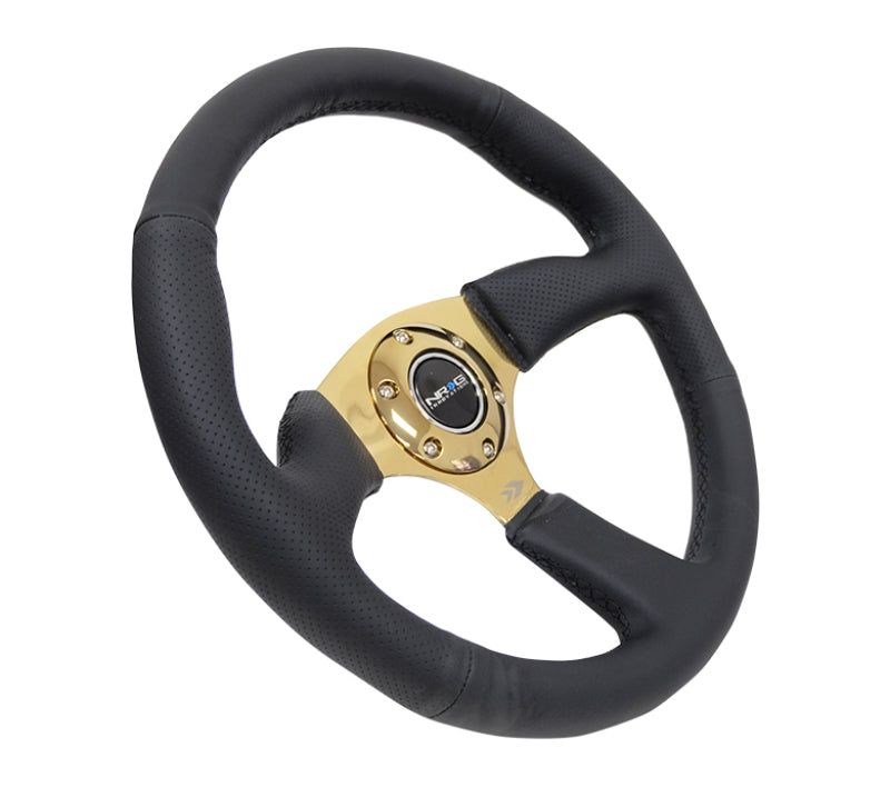NRG Reinforced Steering Wheel (350mm / 2.5in. Deep) Leather Race Comfort Grip w/4mm Gold Spokes - My Store