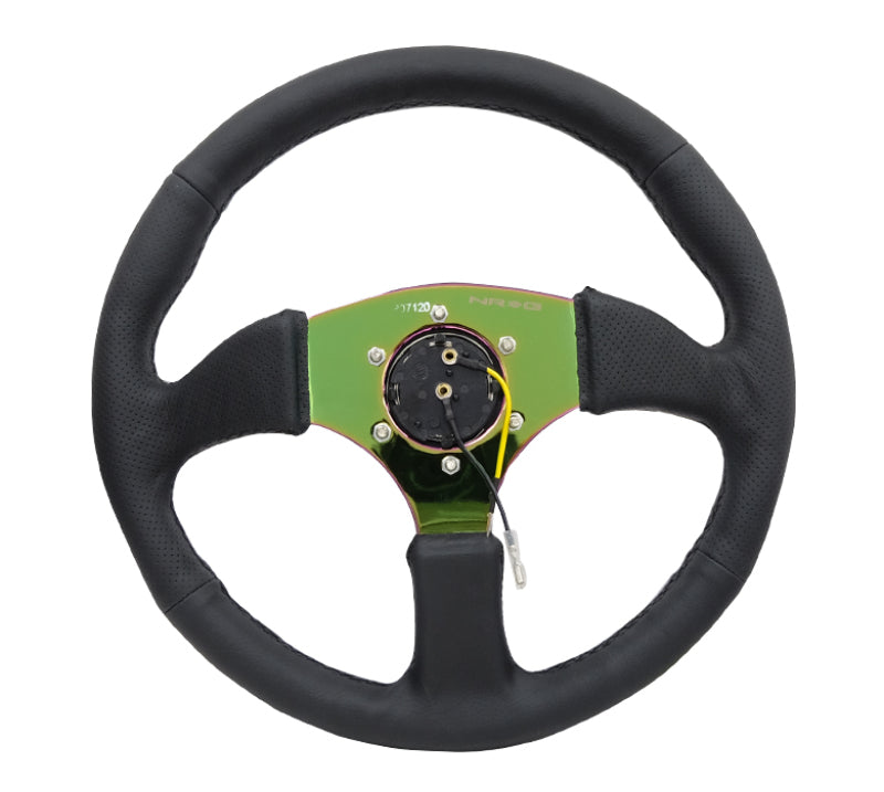 NRG Reinforced Steering Wheel (350mm / 2.5in. Deep) Leather Race Comfort Grip w/4mm Neochrome Spokes - My Store