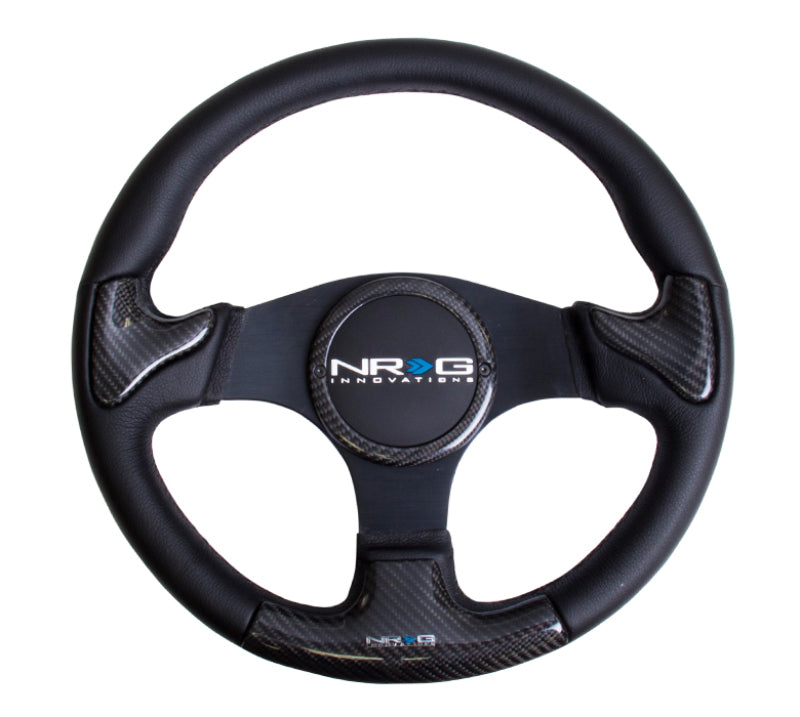 NRG Carbon Fiber Steering Wheel (350mm) Blk Frame Blk Stitching w/Rubber Cover Horn Button - My Store