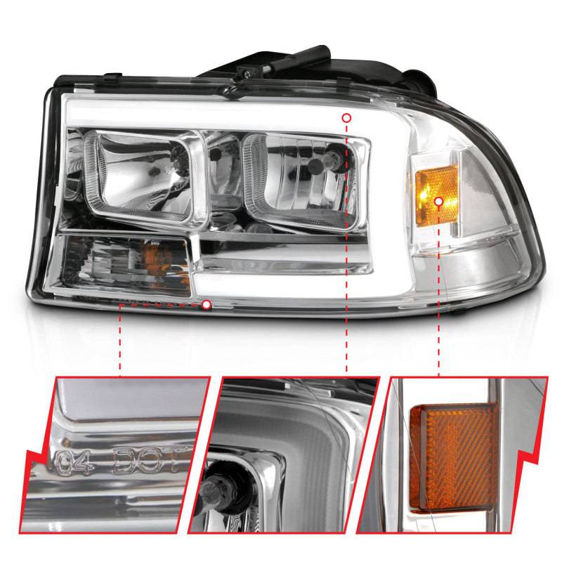 ANZO 97-04 Dodge Dakota/Durango Crystal headlight Set w/ Light Bar Chrome Housing - Mammoth Racing -