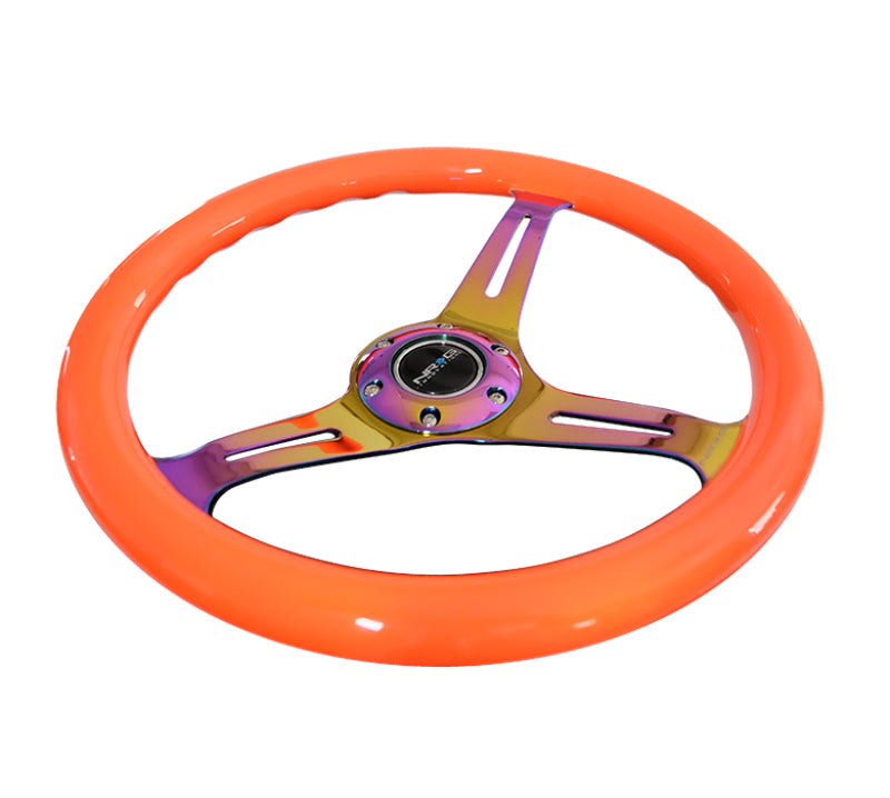 NRG Classic Wood Grain Steering Wheel (350mm) Neon Orange Color w/Neochrome Spokes - My Store