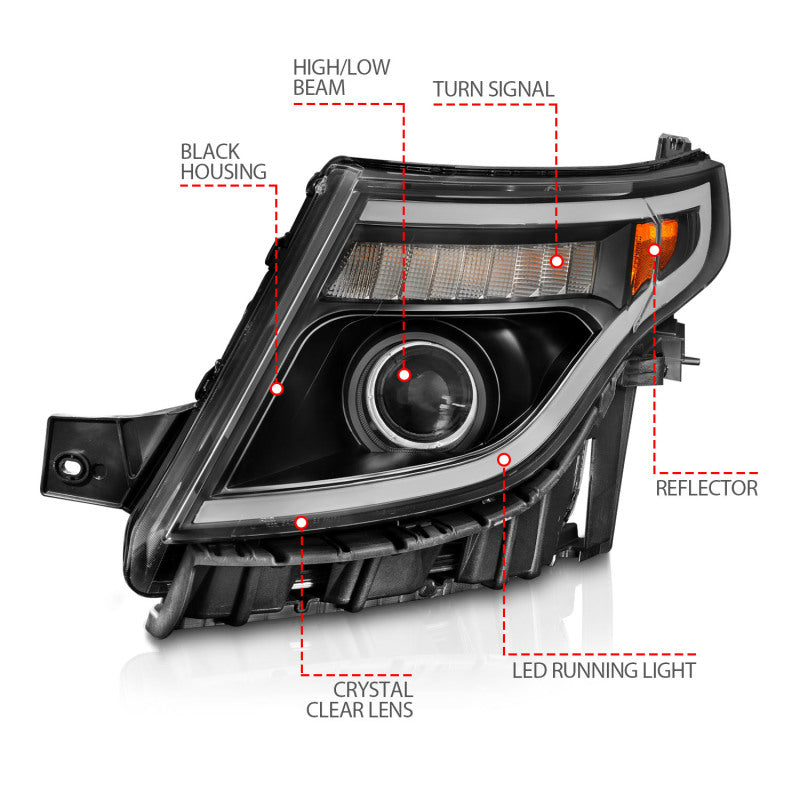 ANZO 11-15 Ford Explorer (w/Factory Halogen HL Only) Projector Headlights w/Light Bar Black Housing - Mammoth Racing -