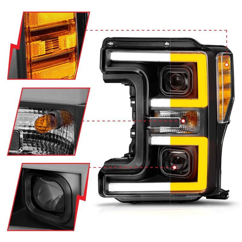 ANZO 17-19 Ford F-250/350/450 SD (w/o Factory LED) LED Proj Headlights w/Light Bar Switchback Blk - Mammoth Racing -