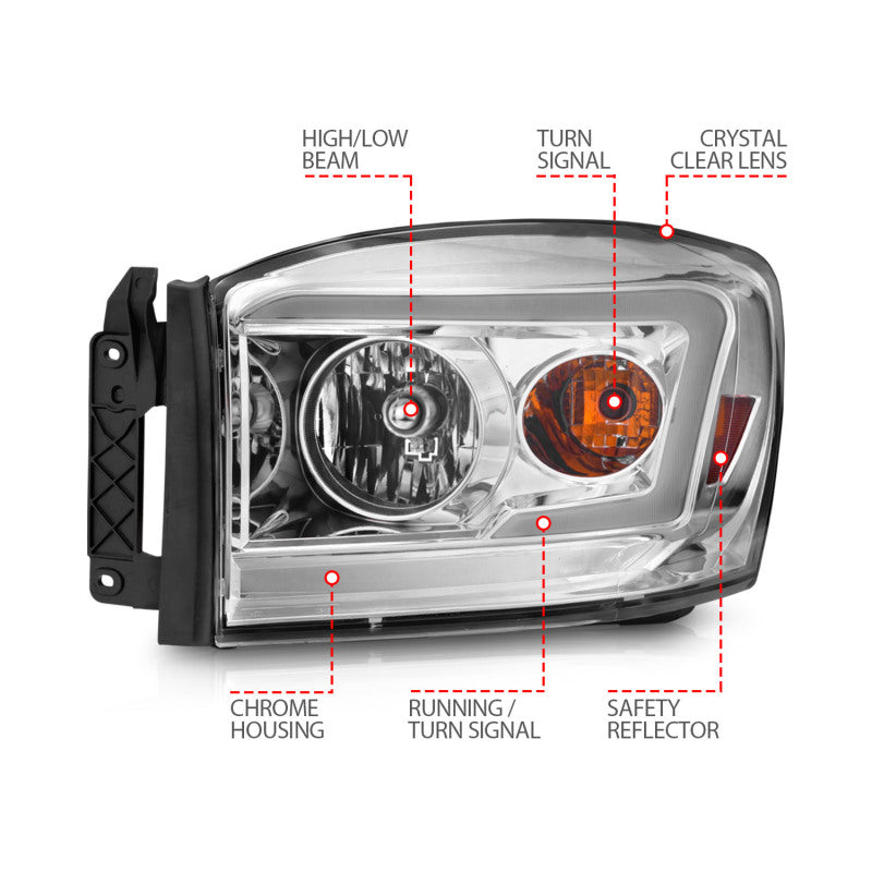 Anzo 06-09 Dodge RAM 1500/2500/3500 Headlights Chrome Housing/Clear Lens (w/ Light Bars) - Mammoth Racing -