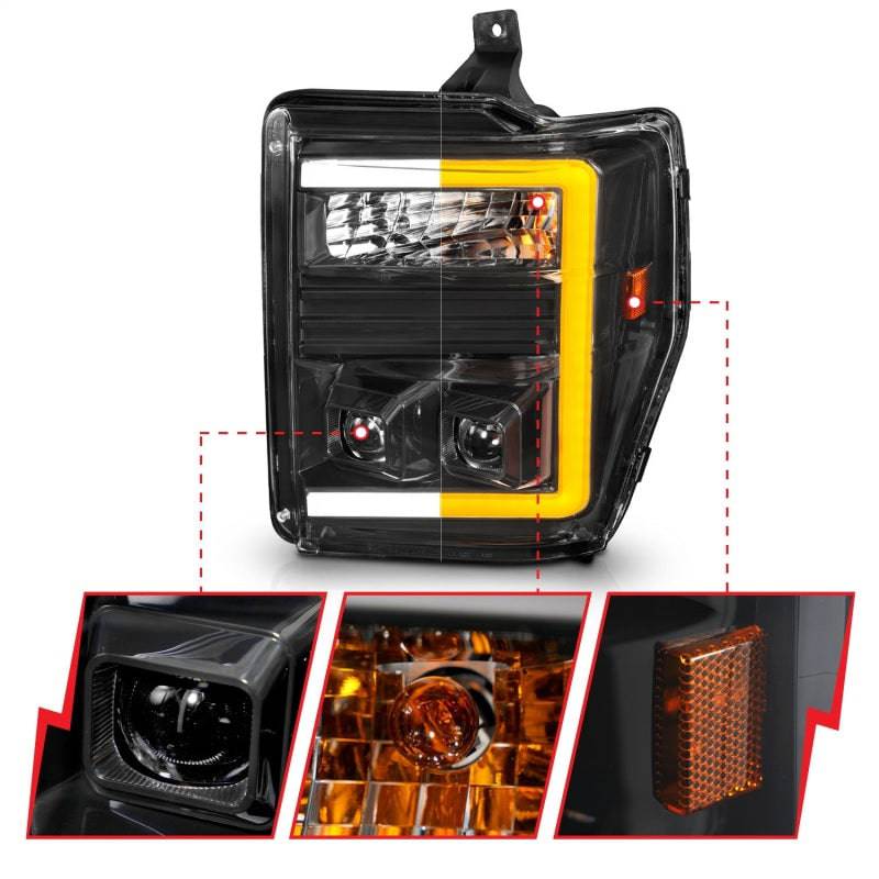 ANZO 08-10 Ford F-250 - F-550 Super Duty Projector Headlights w/ Light Bar Switchback Black Housing - Mammoth Racing -