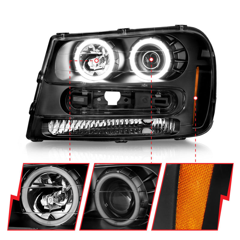 ANZO 02-09 Chevrolet Trailblazer (Will Not Fit 06-09 LT) Projector Headlights w/Halo Black Housing - Mammoth Racing -