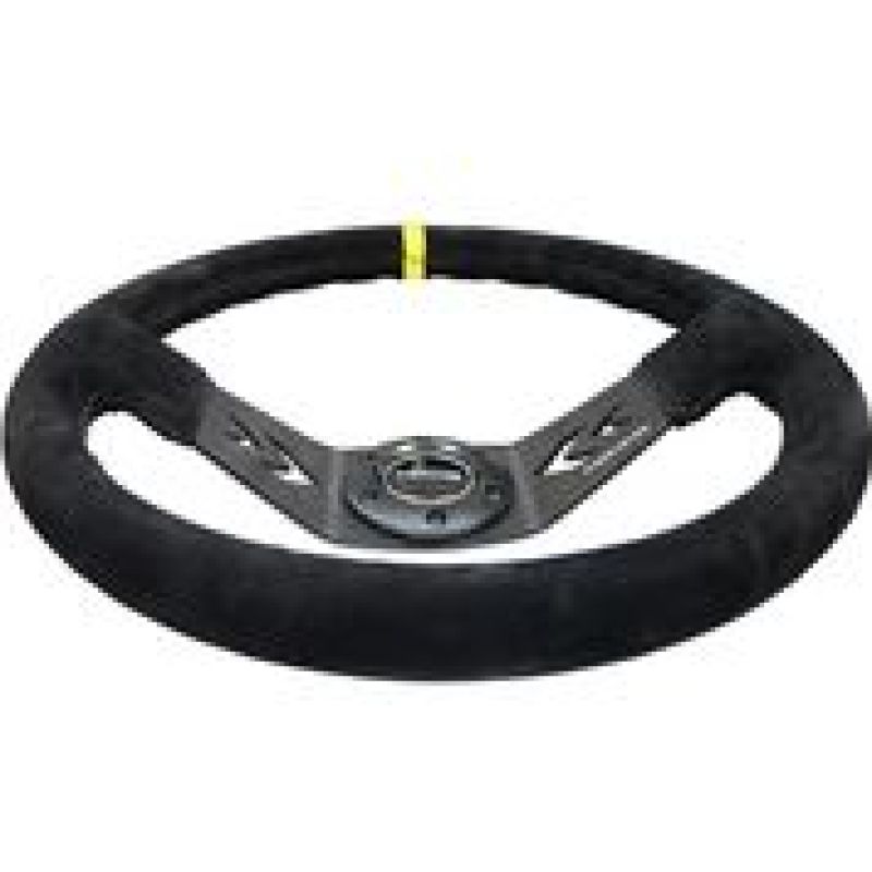 NRG Reinforced Steering Wheel (350mm / 3in. Deep) Blk Suede w/NRG Arrow Cut 2-Spoke & Yellow Mark - My Store