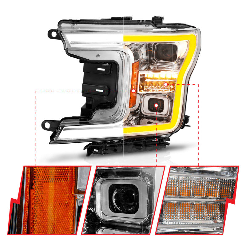 ANZO 18-20 Ford F-150 (w/o Fctry LED) Full LED Proj Headlights w/Light Bar Swtchbk Seq. Chrome w/Int - Mammoth Racing -