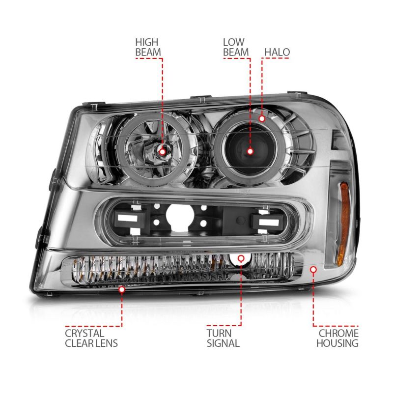 ANZO 02-09 Chevrolet Trailblazer Projector Headlights w/ Halo Chrome Housing (Non-LT Models) - Mammoth Racing -