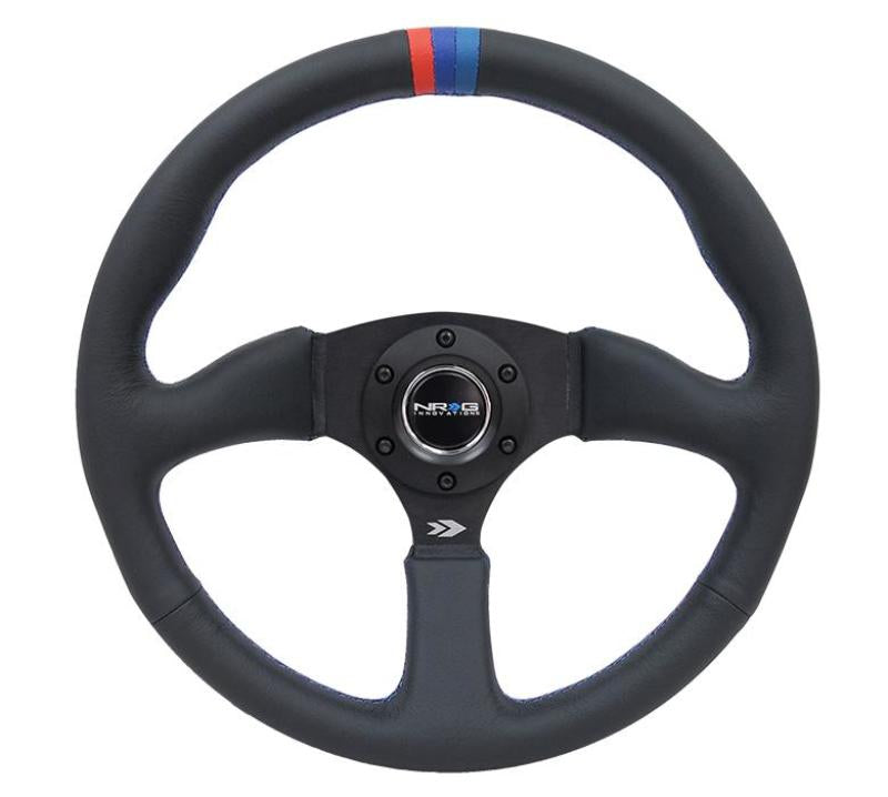 NRG Reinforced Steering Wheel (350mm / 2.5in Deep) Blk Leather w/M3 stitch Matte Blk 3-Spoke Center - My Store
