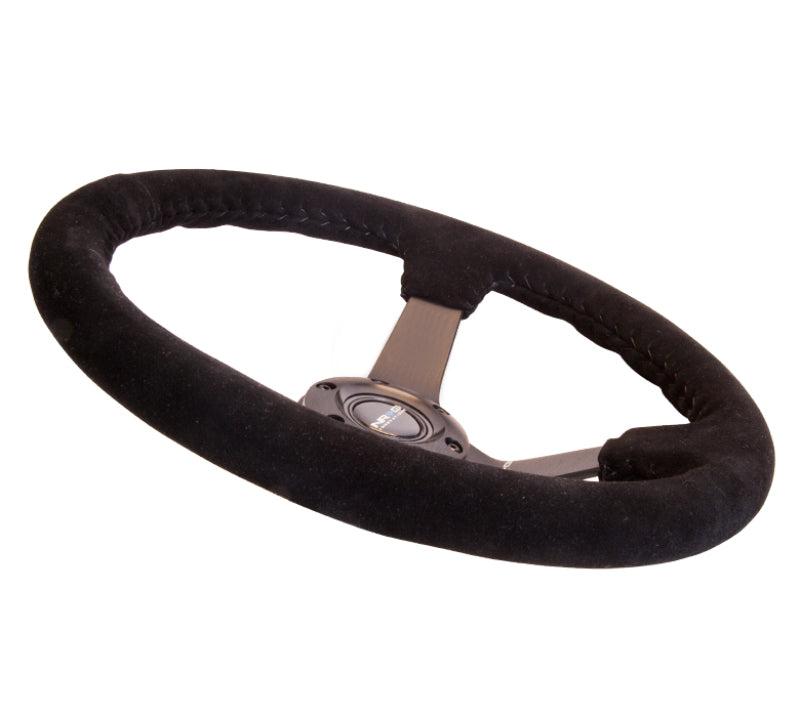 NRG Reinforced Steering Wheel (350mm / 3in. Deep) Blk Suede w/Blk BBall Stitch (Odi Bakchis Edition) - My Store