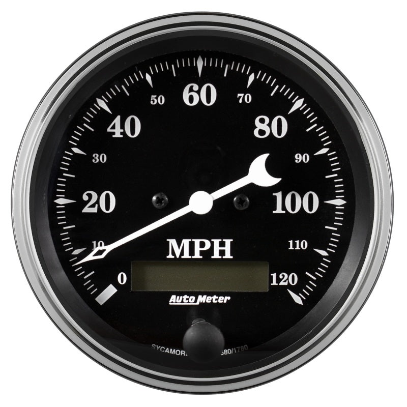 Auto Meter Gauge Speedo. 3 3/8in 120mph Elec. Prog. w/ LCD Odo Old Tyme Black - My Store
