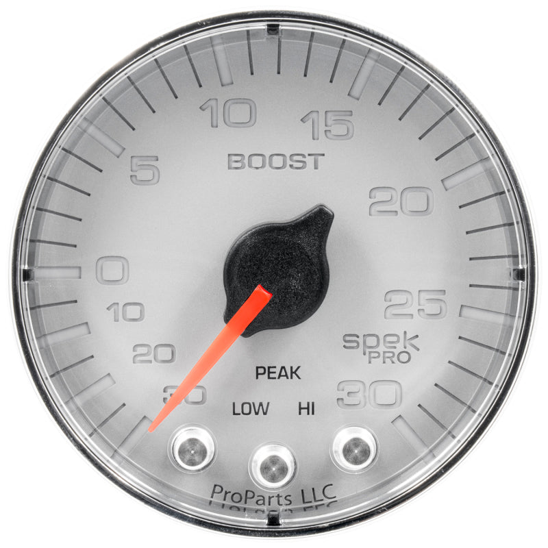 Autometer Spek-Pro Gauge Vac/Boost 2 1/16in 30Inhg-30psi Stepper Motor W/Peak & WarnSilver/Chrome - My Store