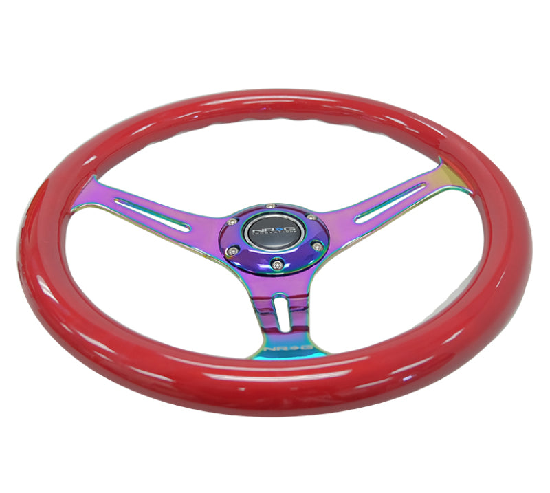 NRG Classic Wood Grain Steering Wheel (350mm) Red Grip w/Neochrome 3-Spoke Center - My Store
