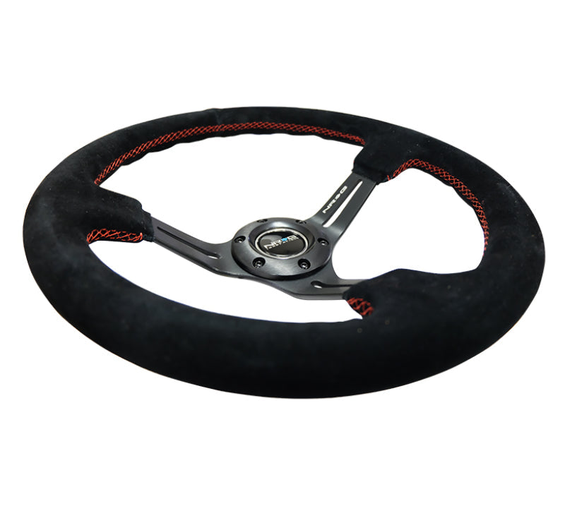 NRG Reinforced Steering Wheel (350mm / 3in. Deep) Blk Suede w/Red Stitching & 5mm Spokes w/Slits - My Store