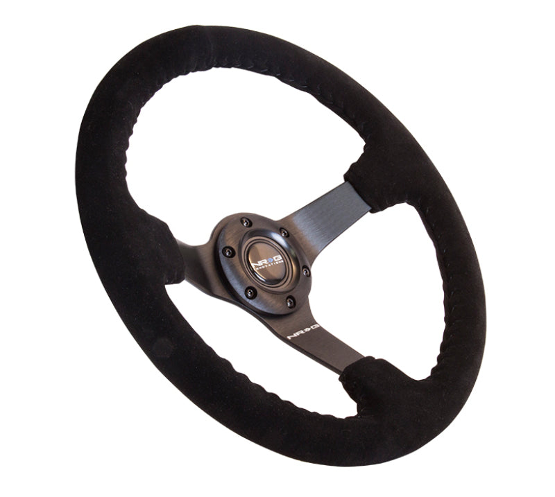 NRG Reinforced Steering Wheel (350mm / 3in. Deep) Blk Suede w/Blk BBall Stitch (Odi Bakchis Edition) - My Store