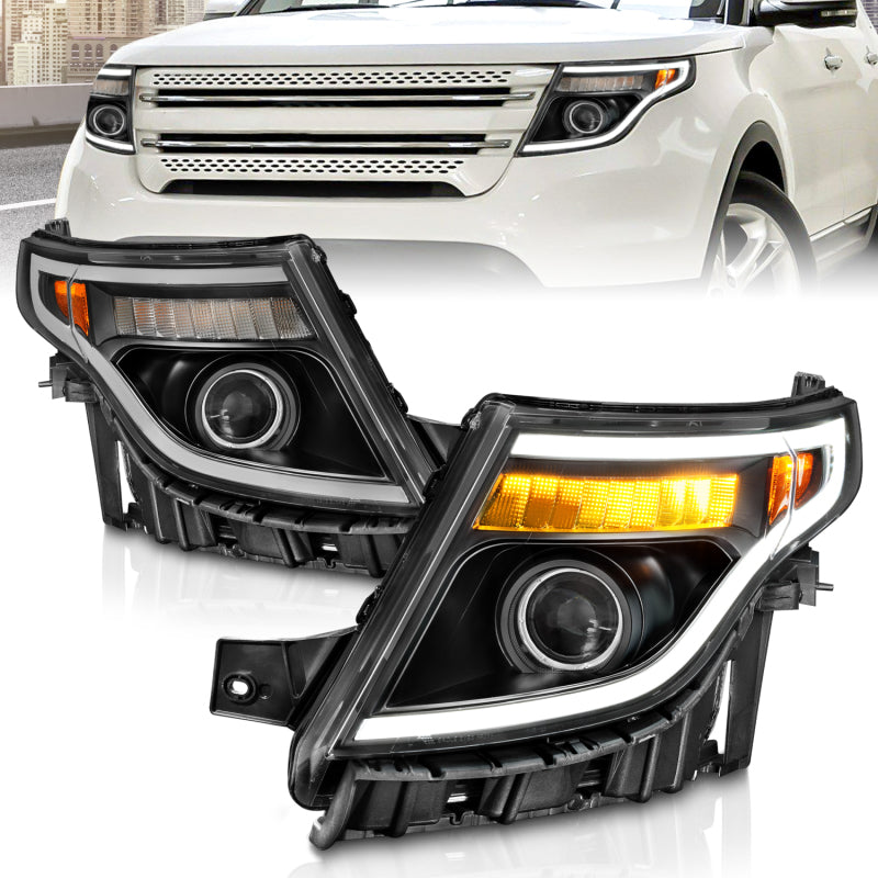 ANZO 11-15 Ford Explorer (w/Factory Halogen HL Only) Projector Headlights w/Light Bar Black Housing - Mammoth Racing -