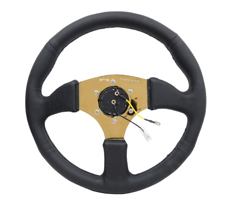 NRG Reinforced Steering Wheel (350mm / 2.5in. Deep) Leather Race Comfort Grip w/4mm Gold Spokes - My Store