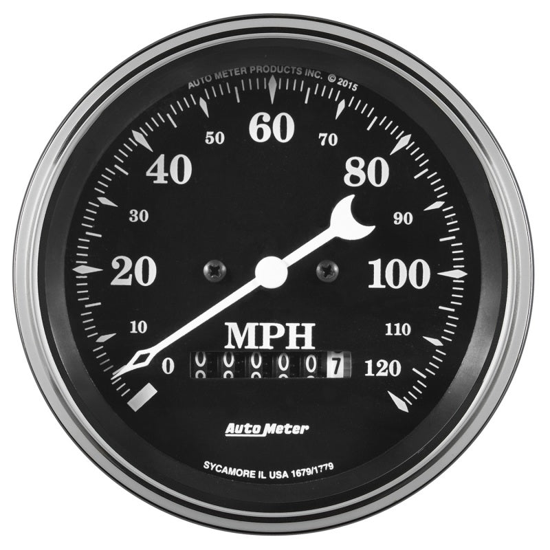 Auto Meter Gauge Speedo. 3 3/8in 120mph Elec. Prog. w/ Wheel Odo Old Tyme Black - My Store