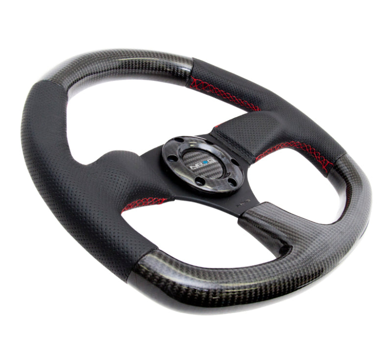 NRG Carbon Fiber Steering Wheel (320mm) Flat Bottom & Leather Trim w/Red Stitching - My Store