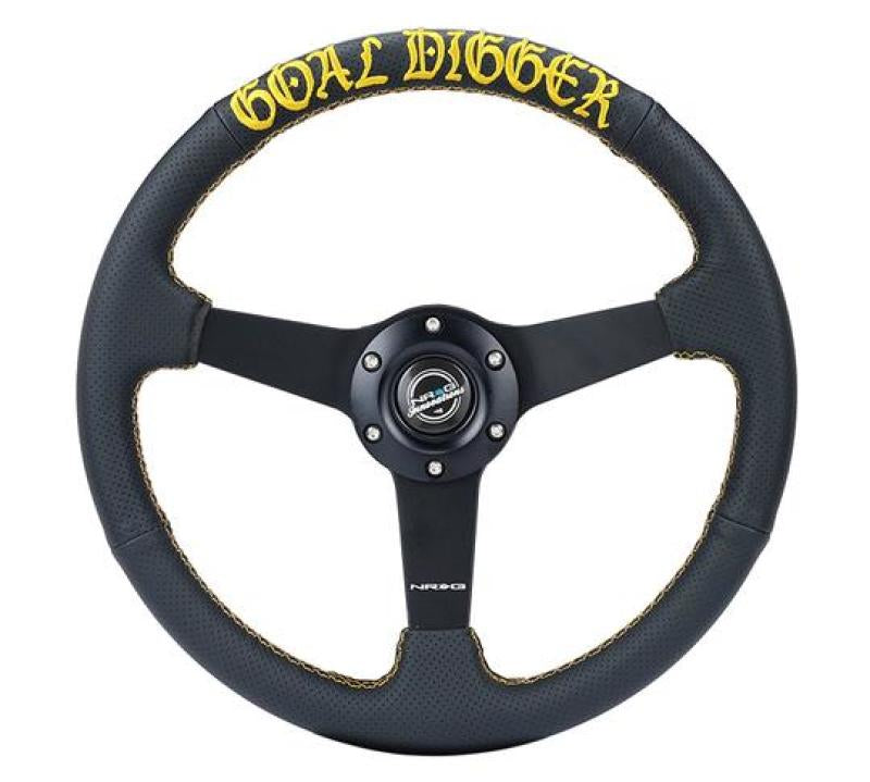 NRG Sport Steering Wheel (350mm / 1.5in Deep) Black Leather/Gold Stitch w/Matte Black Solid Spokes - My Store