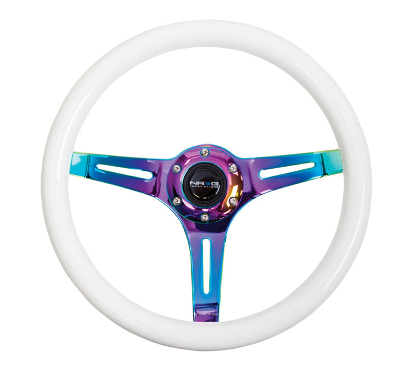 NRG Classic Wood Grain Steering Wheel (350mm) Glow-N-The-Dark Green Grip w/Neochrome 3-Spoke Center - My Store