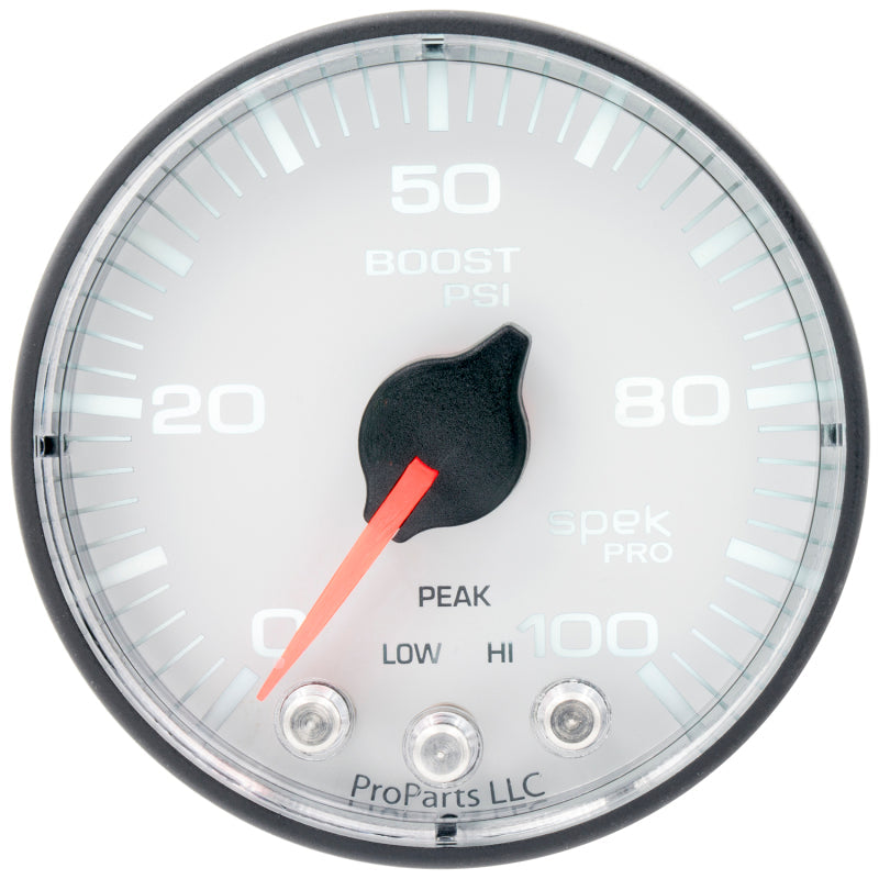 Autometer Spek-Pro 2 1/16in 100psi Stepper Motor W/Peak & Warn White/Black Boost Gauge - My Store