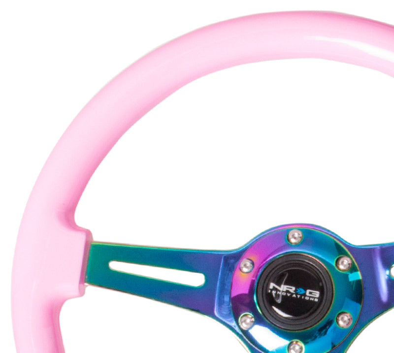 NRG Classic Wood Grain Steering Wheel (350mm) Solid Pink Painted Grip w/Neochrome 3-Spoke Center - My Store