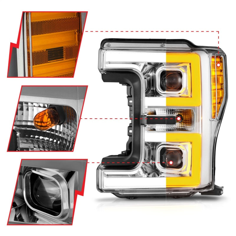 ANZO 17-19 Ford F-250/350/450 SD (w/o Factory LED HL) LED Proj Headlights w/Light Bar Switchback Chr - Mammoth Racing -