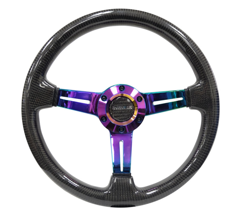 NRG Carbon Fiber Steering Wheel (350mm / 1.5in. Deep) Neochrome 3-Spoke Design w/Slit Cuts - My Store