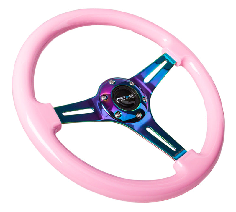NRG Classic Wood Grain Steering Wheel (350mm) Solid Pink Painted Grip w/Neochrome 3-Spoke Center - My Store