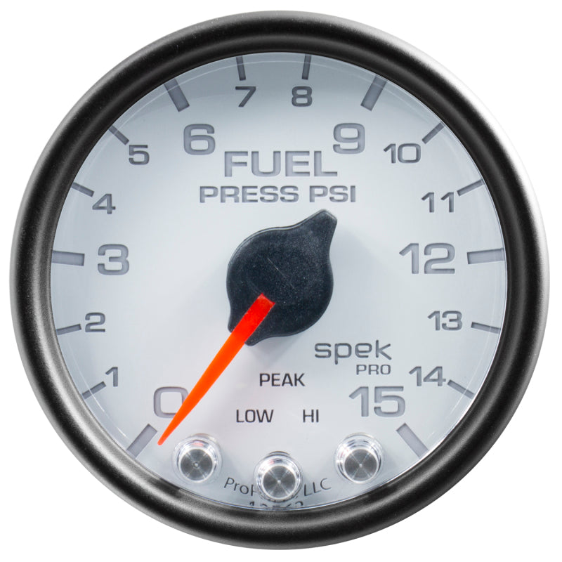 Autometer Spek-Pro Gauge Fuel Press 2 1/16in 15psi Stepper Motor W/Peak & Warn Wht/Blk - My Store