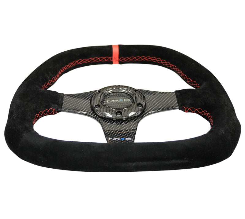 NRG Carbon Fiber Steering Wheel (320mm) Flat Btm. Blk Suede/Red Stitch w/CF Spokes & Red Center Mark - My Store