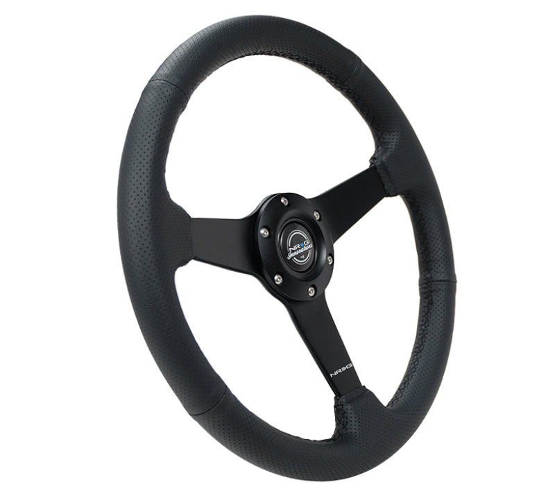 NRG Sport Steering Wheel (350mm / 1.5in Deep) Black Leather Black Stitch w/Matte Black Solid Spokes - My Store