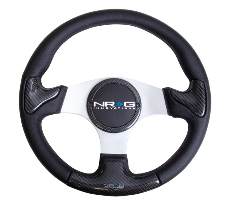 NRG Carbon Fiber Steering Wheel (350mm) Silver Frame Blk Stitching w/Rubber Cover Horn Button - My Store