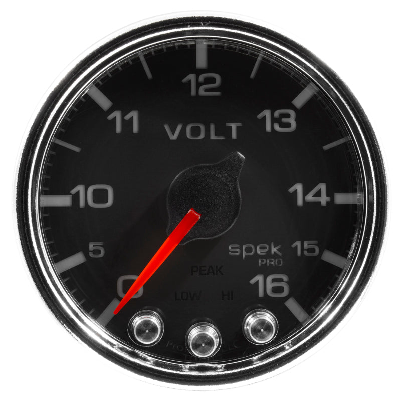 Autometer Spek-Pro Gauge Voltmeter 2 1/16in 16V Stepper Motor W/Peak & Warn Blk/Chrm - My Store