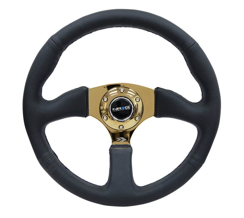 NRG Reinforced Steering Wheel (350mm / 2.5in. Deep) Leather Race Comfort Grip w/4mm Gold Spokes - My Store
