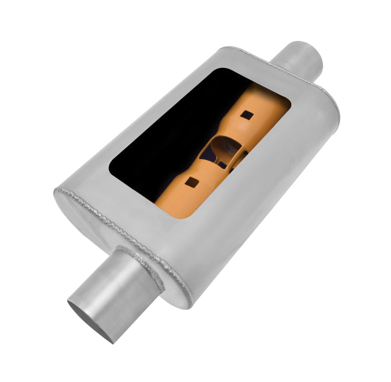 Gibson MWA Superflow Offset/Center Oval Muffler - 4x9x14in/2.5in Inlet/2.5in Outlet - Stainless - Mammoth Racing -