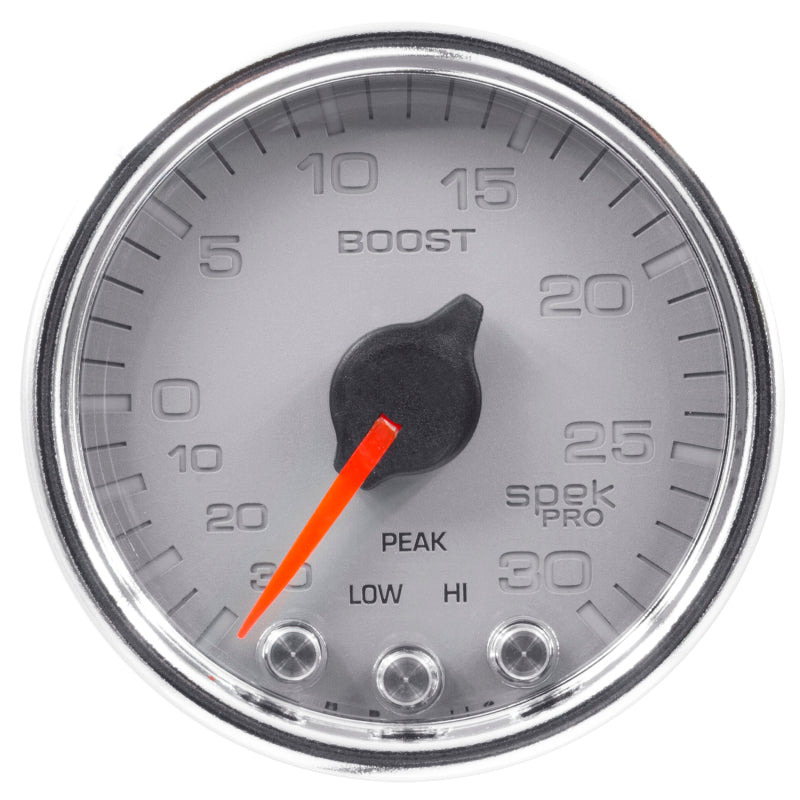 Autometer Spek-Pro Gauge Vac/Boost 2 1/16in 30Inhg-30psi Stepper Motor W/Peak & WarnSilver/Chrome - My Store