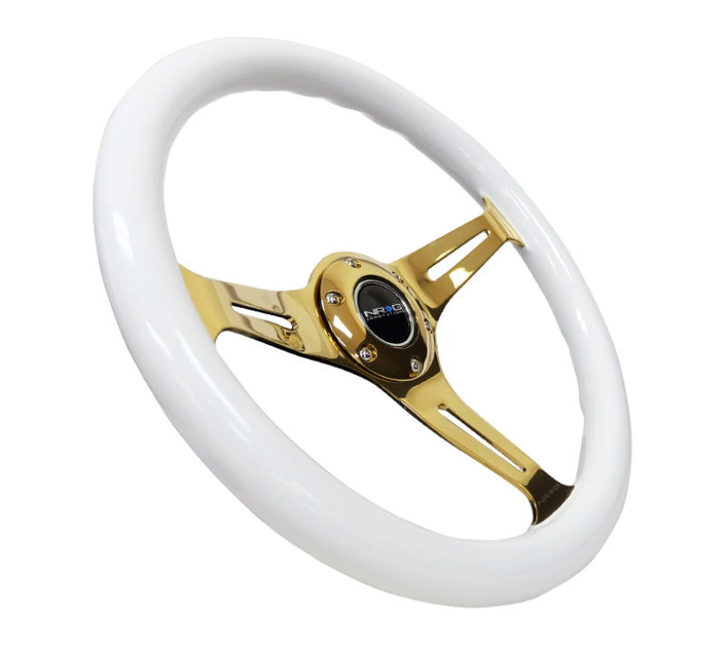 NRG Classic Wood Grain Steering Wheel (350mm) White Grip w/Chrome Gold 3-Spoke Center - My Store