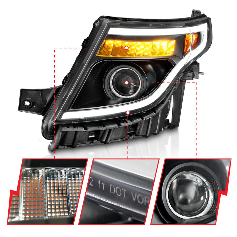 ANZO 11-15 Ford Explorer (w/Factory Halogen HL Only) Projector Headlights w/Light Bar Black Housing - Mammoth Racing -