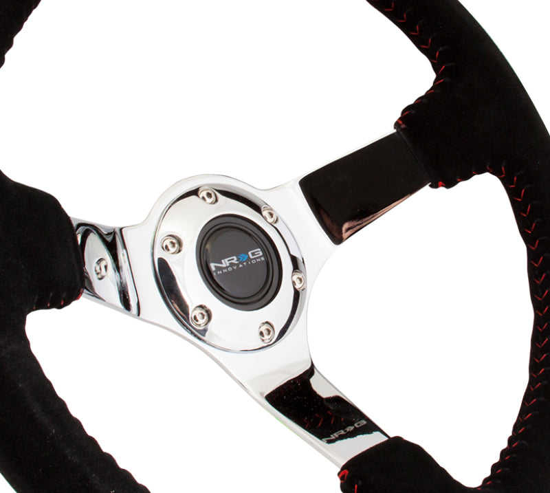 NRG Reinforced Steering Wheel (350mm / 3in. Deep) Blk Suede w/Red BBall Stitch & Chrome 3-Spoke - My Store