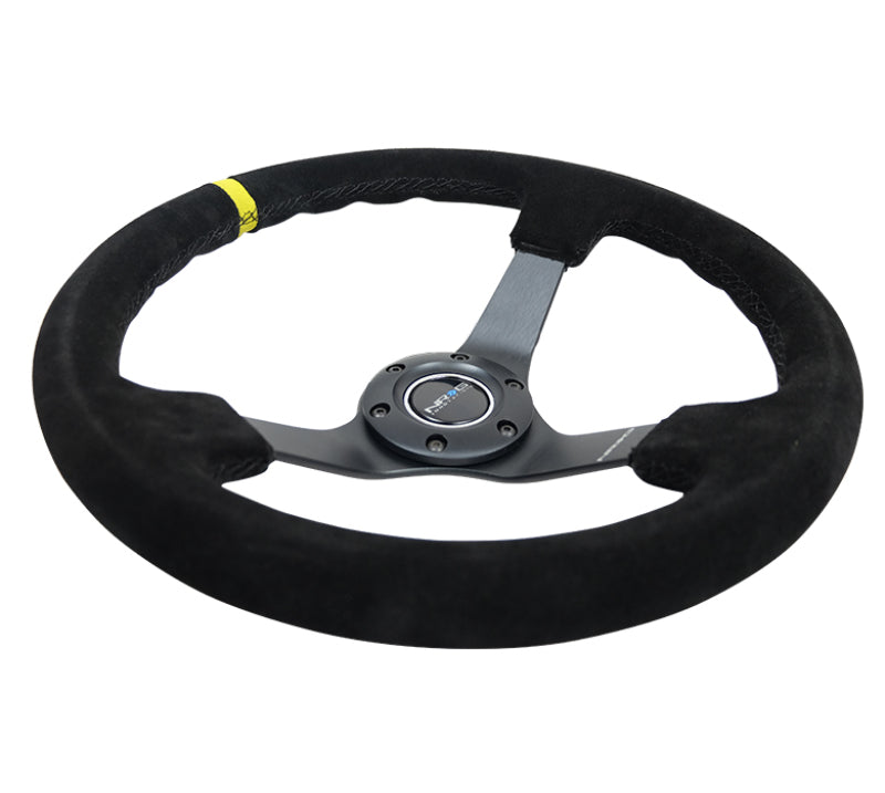 NRG Reinforced Steering Wheel (350mm / 3in. Deep) Blk Suede/X-Stitch w/5mm Blk Spoke & Yellow CM - My Store