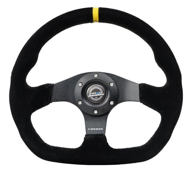 NRG Reinforced Steering Wheel (320mm) Sport Suede Dual Push Buttons Flat Bottom w/ Yellow Center - My Store