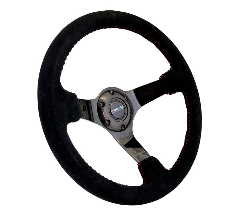 NRG Reinforced Steering Wheel (350mm / 3in. Deep) Blk Suede w/Red BBall Stitch & Black 3-Spoke - My Store