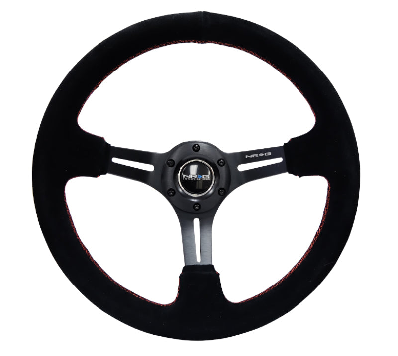 NRG Reinforced Steering Wheel (350mm / 3in. Deep) Blk Suede w/Red Stitching & 5mm Spokes w/Slits - My Store